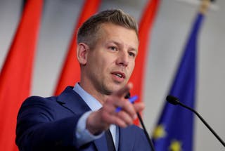 Election winner Peter Magyar speaks during a press conference in Budapest, Hungary